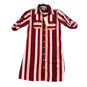 Indie Retro 90s Y2K Striped Shirt Dress Burgundy Artsy Roll Tab Sleeve 8 NWT